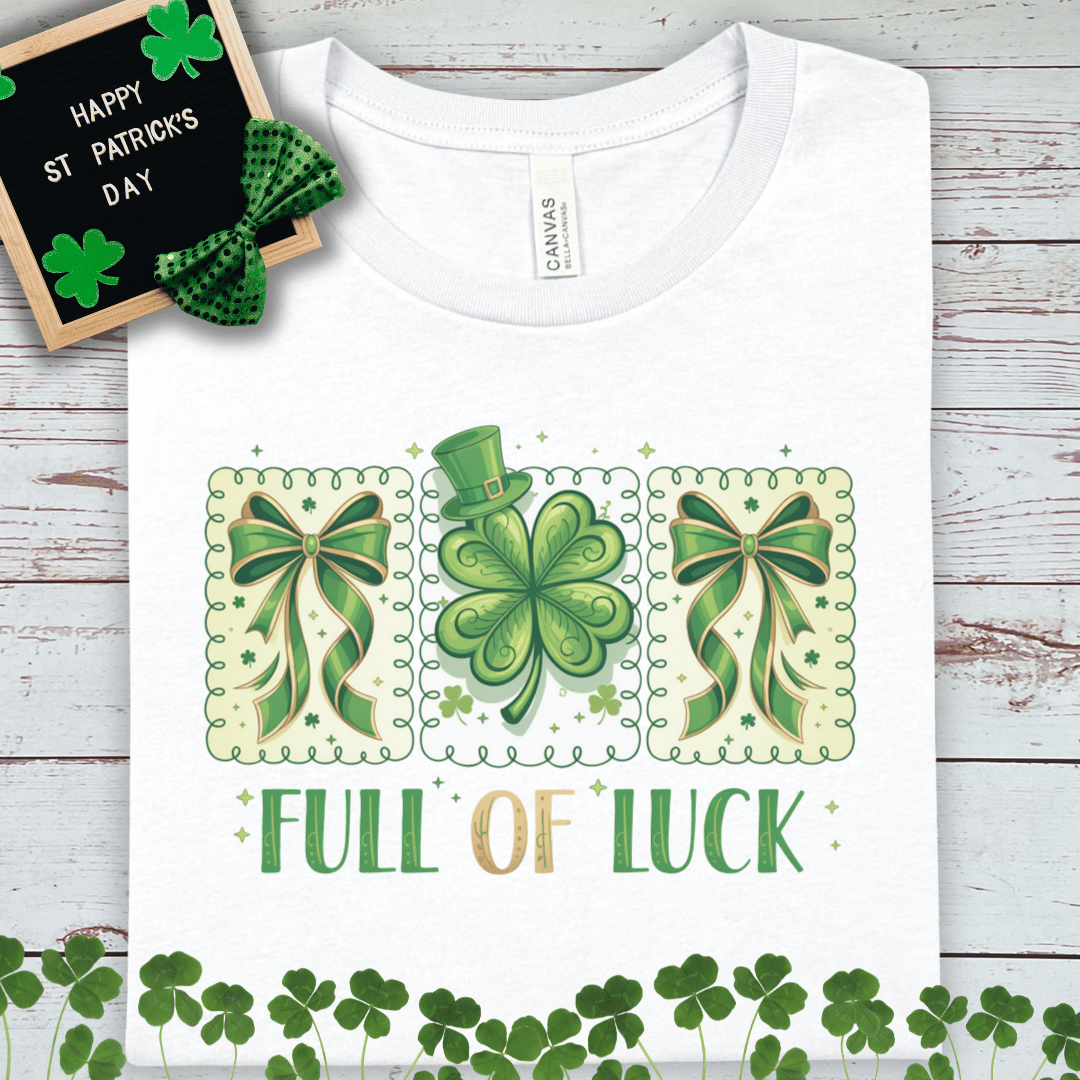 Full Of Luck St. Patrick's Day Graphic Tee: Shamrock & Bow Design