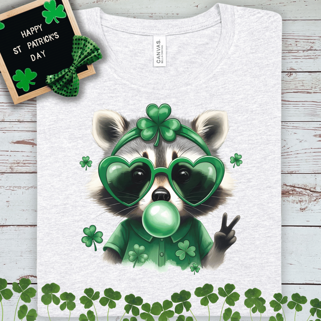 St. Patrick's Day Raccoon Tee - Cute Shamrock Bubblegum Heart Sunglasses