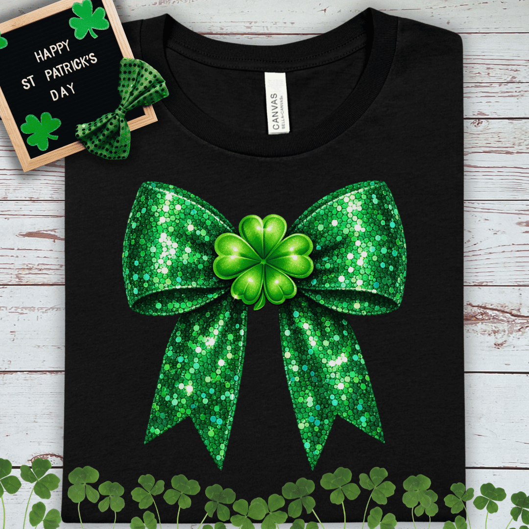 St. Patrick's Glitter Shamrock Green Bow T‑Shirt