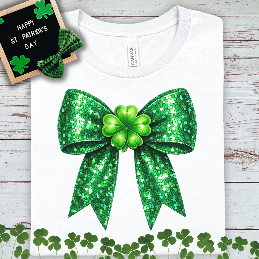 St. Patrick's Glitter Shamrock Green Bow T‑Shirt