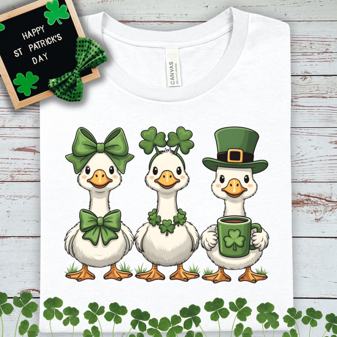St. Patrick's Day Duck Trio T-Shirt – Cute Leprechaun & Shamrock Ducks Graphic Tee