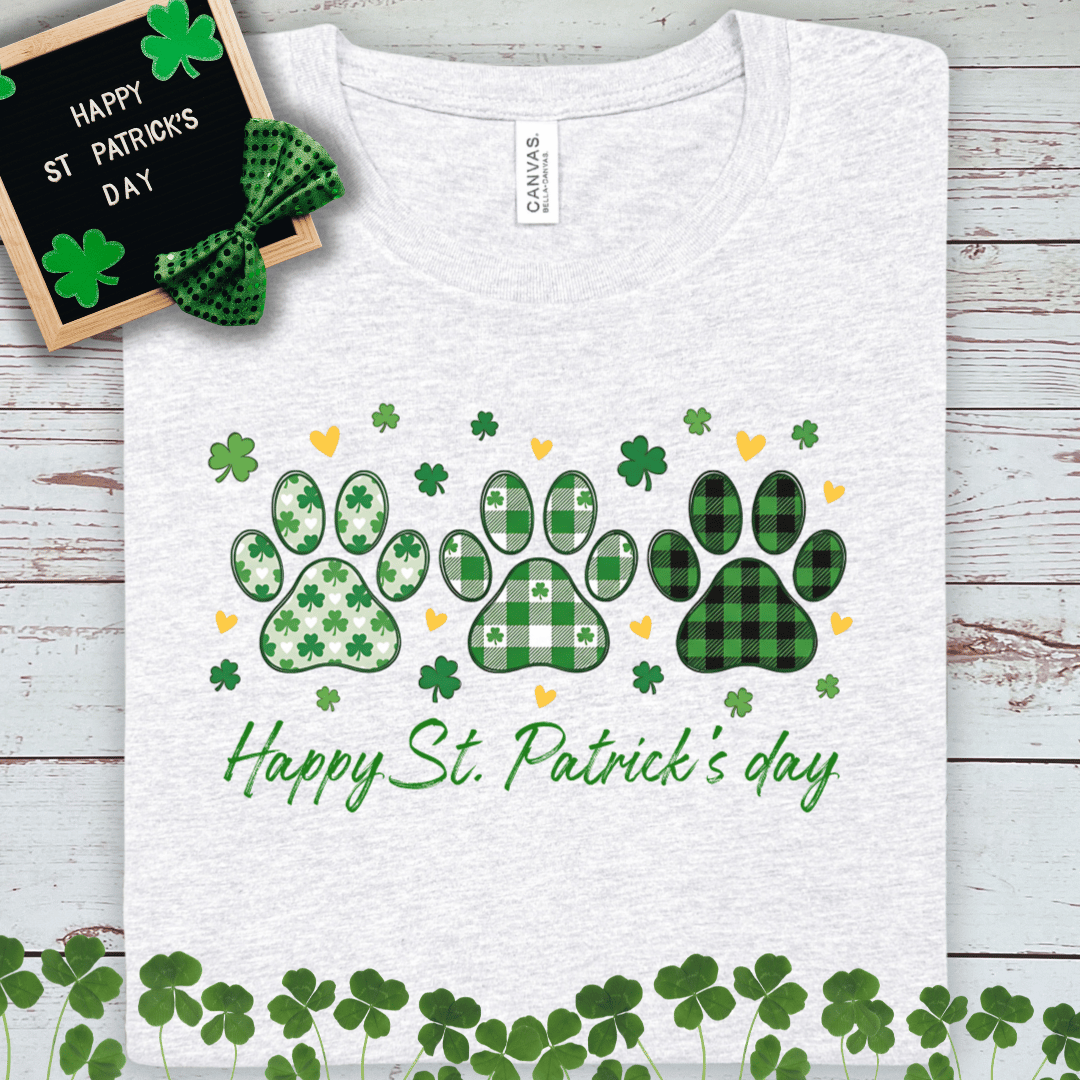 St. Patrick's Day Paw Print Tee - "Happy St. Patrick's Day" Dog Cat Lover Shirt