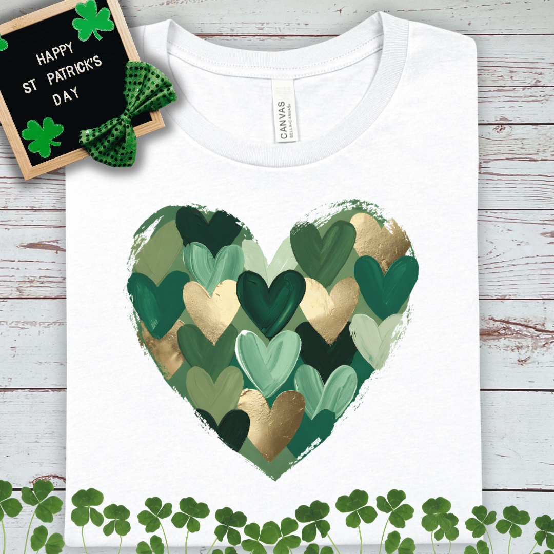 Green Heart Pattern Tee — Gold Accented St. Patrick's Day Shirt