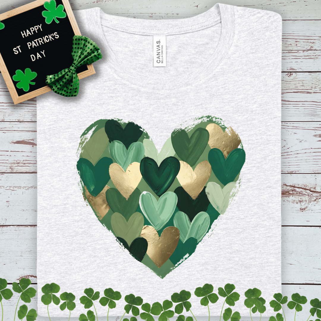 Green Heart Pattern Tee — Gold Accented St. Patrick's Day Shirt
