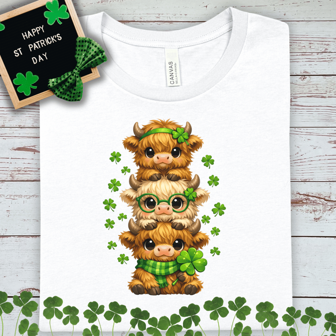 St. Patrick's Highland Cow Stack T-Shirt — Cute Shamrock Trio Tee