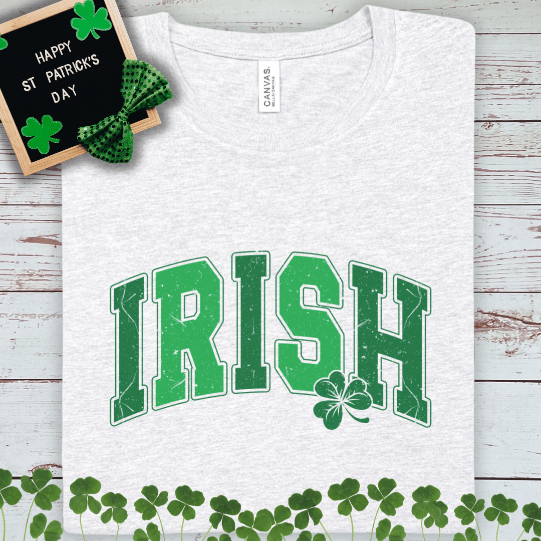 Irish Tee Shirt – Green 'IRISH' Lettering with Shamrock (St. Patrick’s Day)