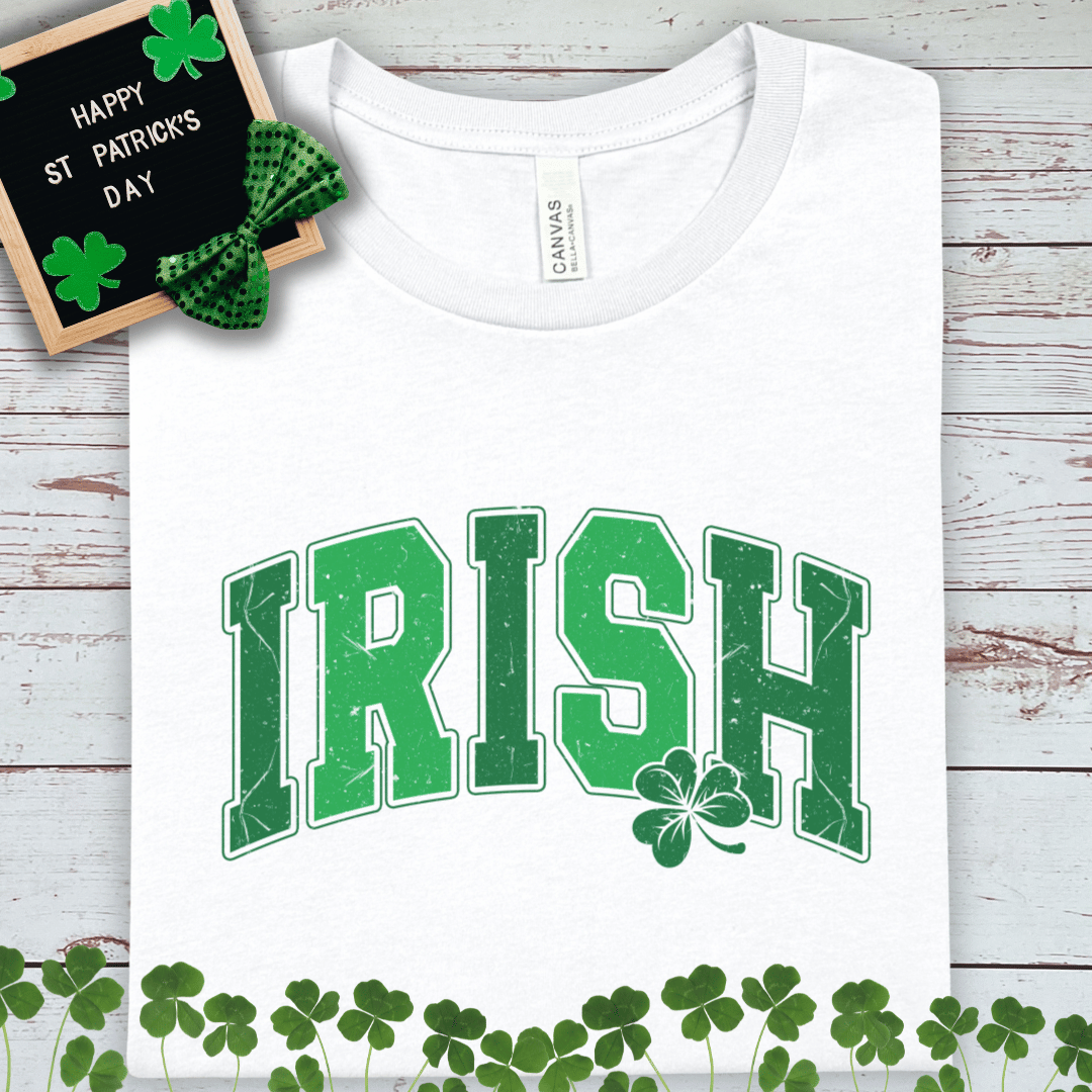 Irish Tee Shirt – Green 'IRISH' Lettering with Shamrock (St. Patrick’s Day)