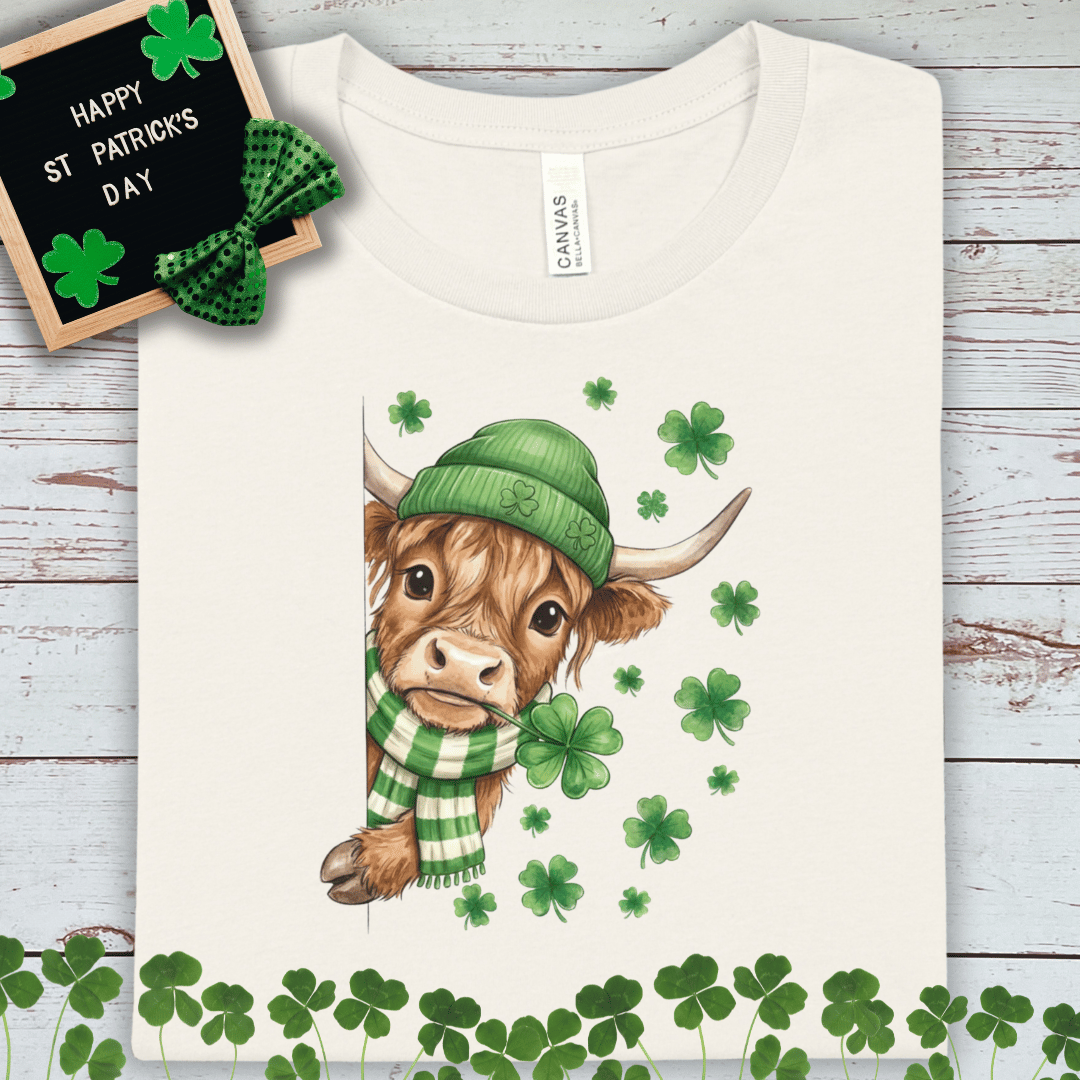 Highland Cow Green Shamrock Tee — St. Patrick’s Day Lucky Cow T-Shirt