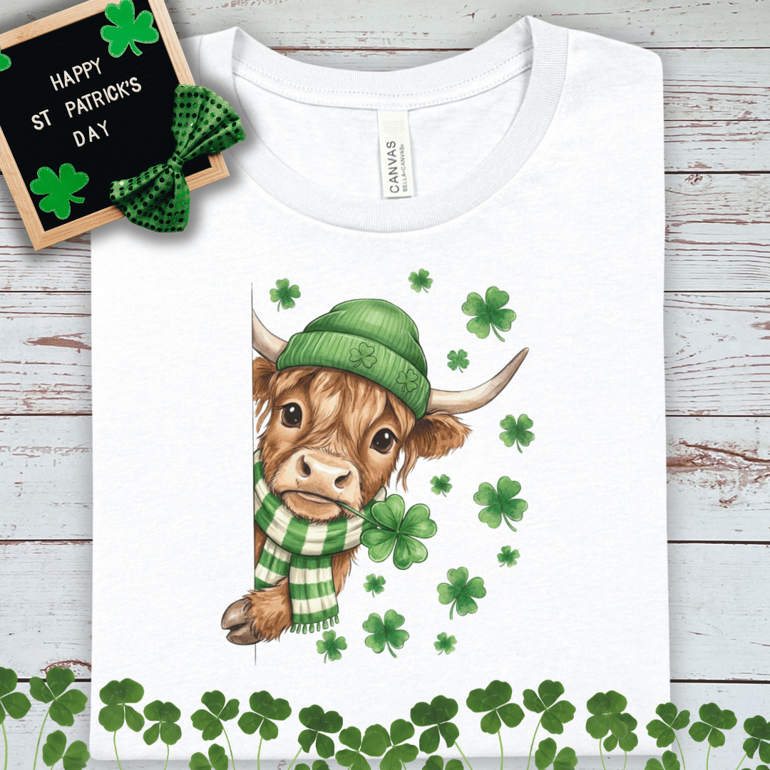 Highland Cow Green Shamrock Tee — St. Patrick’s Day Lucky Cow T-Shirt