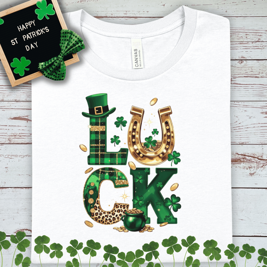 Lucky St. Patrick’s Day T-Shirt — Green Shamrock, Horseshoe & Pot of Gold Design