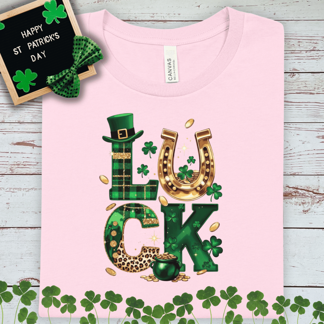 Lucky St. Patrick’s Day T-Shirt — Green Shamrock, Horseshoe & Pot of Gold Design