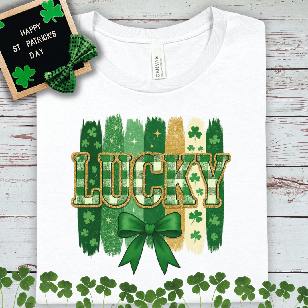 Lucky St. Patrick’s Day Tee — Green Shamrock Ribbon Graphic