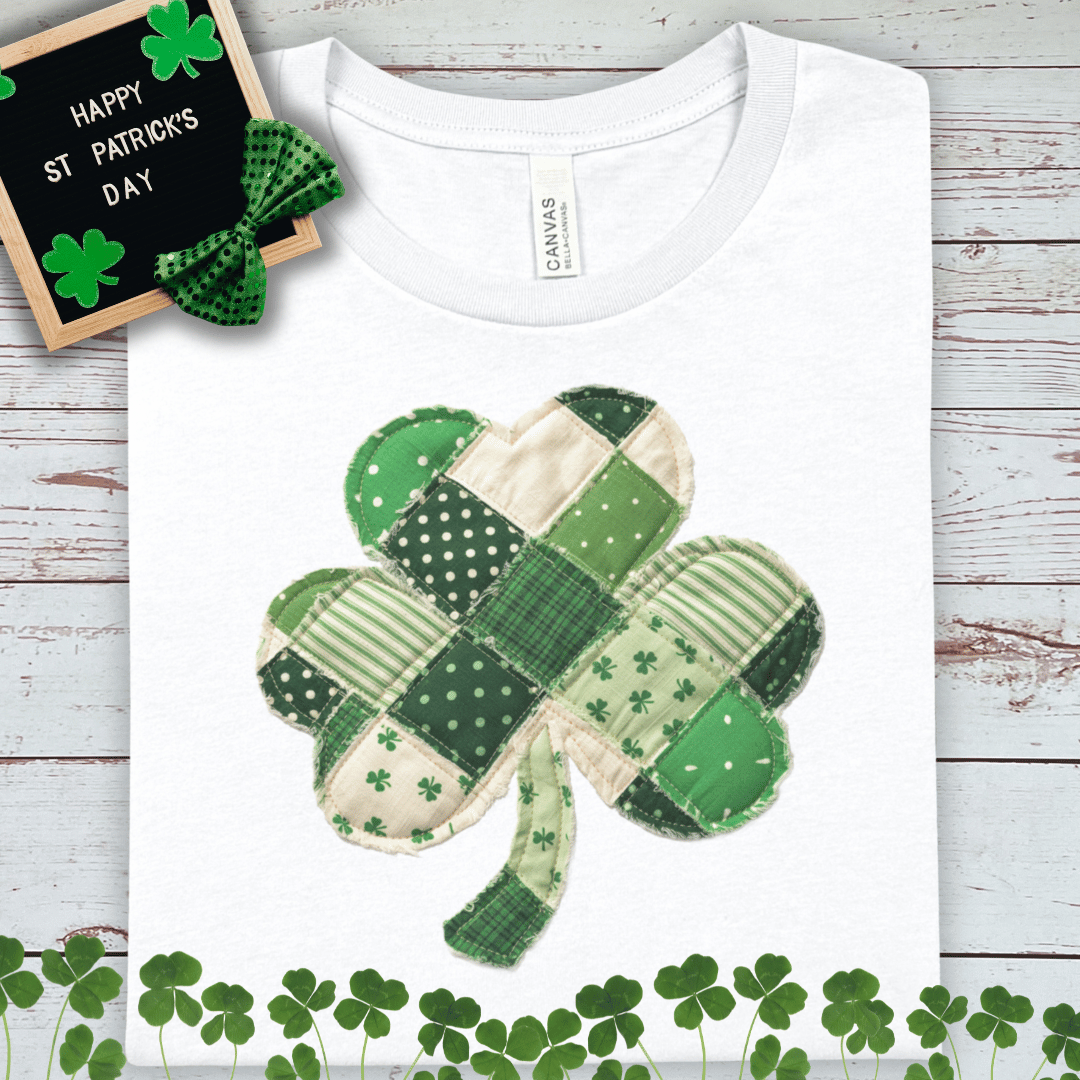 Faux Patchwork Shamrock T-Shirt — St. Patrick’s Day Clover Tee