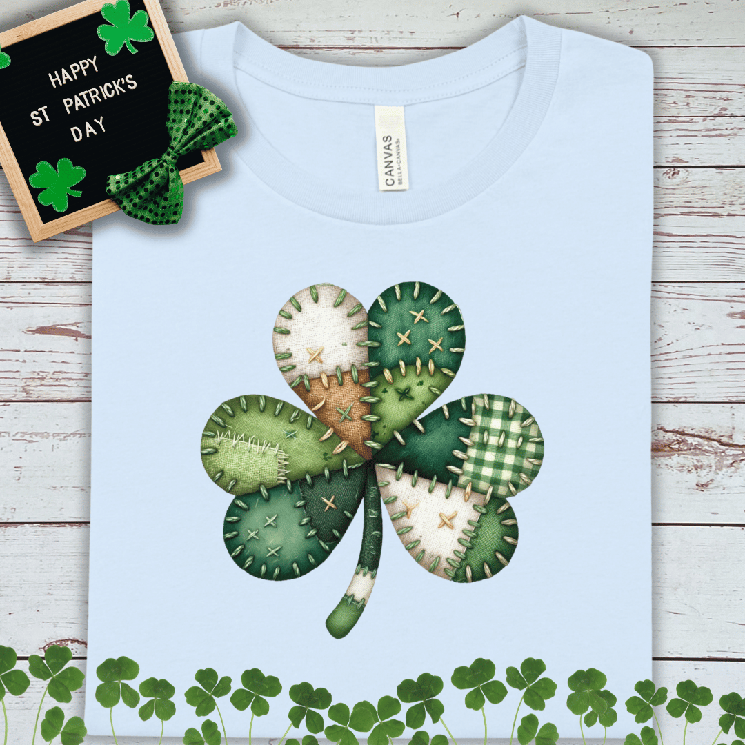 Faux Stitched Patchwork Shamrock T-Shirt – St. Patrick’s Day Clover Tee