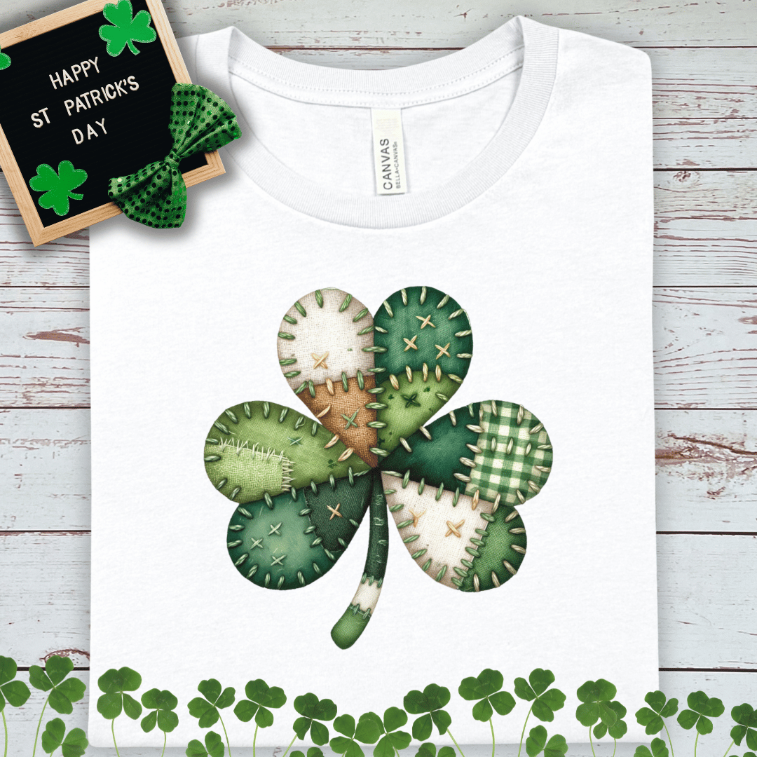 Faux Stitched Patchwork Shamrock T-Shirt – St. Patrick’s Day Clover Tee