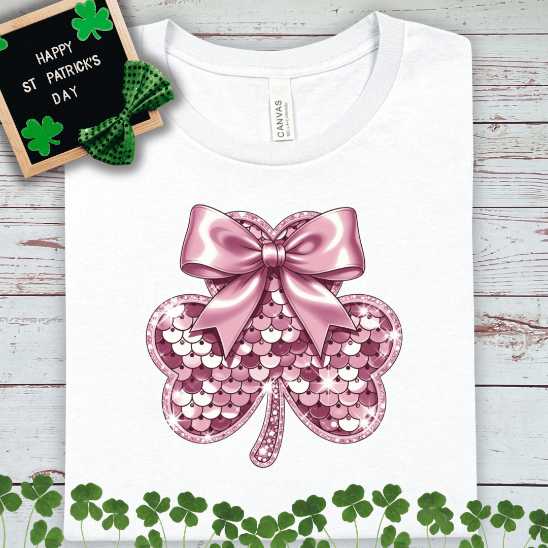 Pink Faux Sequin Shamrock T-Shirt — St. Patrick’s Day Lucky Clover Tee