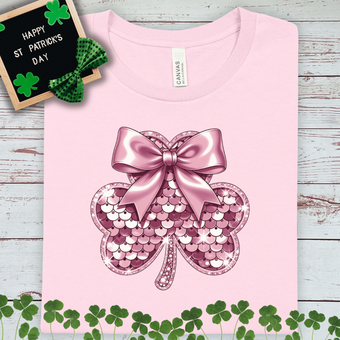 Pink Faux Sequin Shamrock T-Shirt — St. Patrick’s Day Lucky Clover Tee