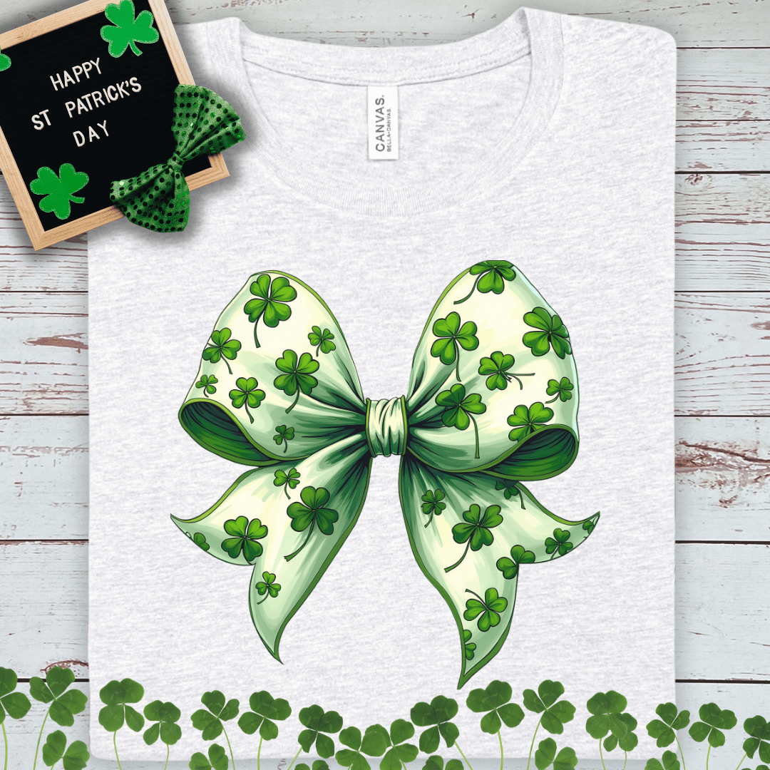 St. Patrick's Day Shamrock Bow T-Shirt — Clover Ribbon Graphic Tee