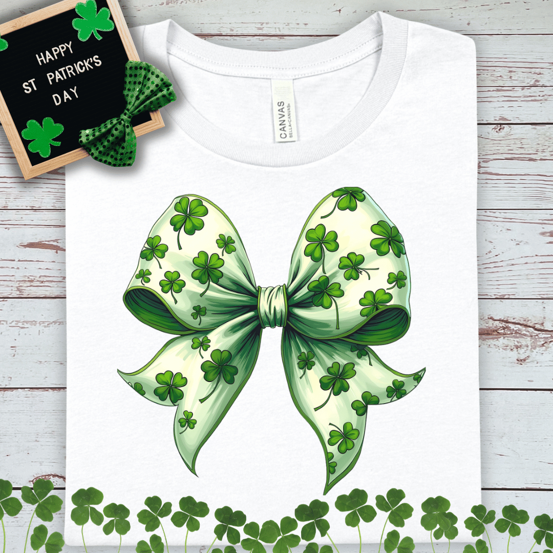 St. Patrick's Day Shamrock Bow T-Shirt — Clover Ribbon Graphic Tee