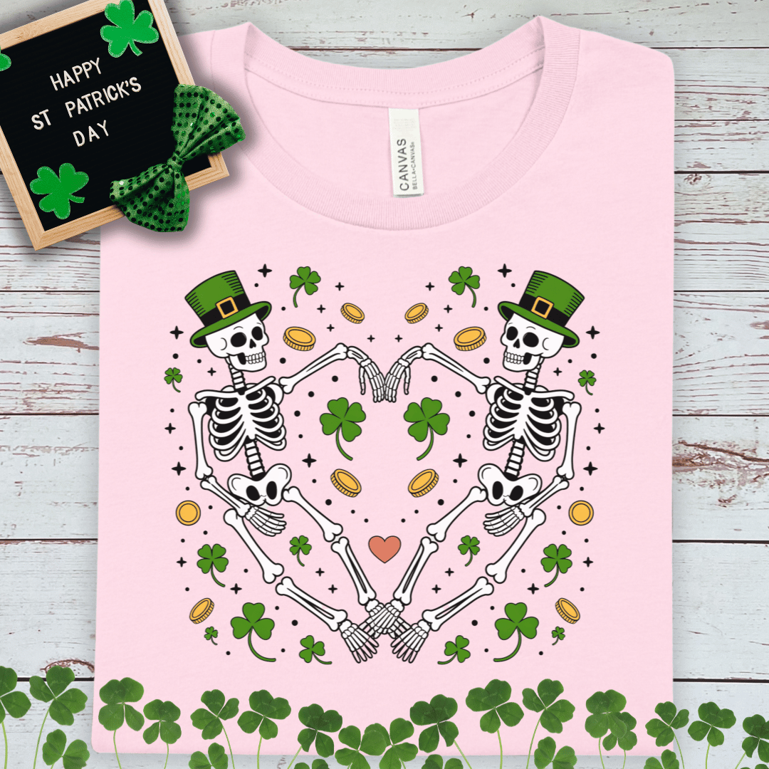 St. Patrick’s Day Skeleton Heart Tee — Lucky Shamrock & Gold Coin Shirt