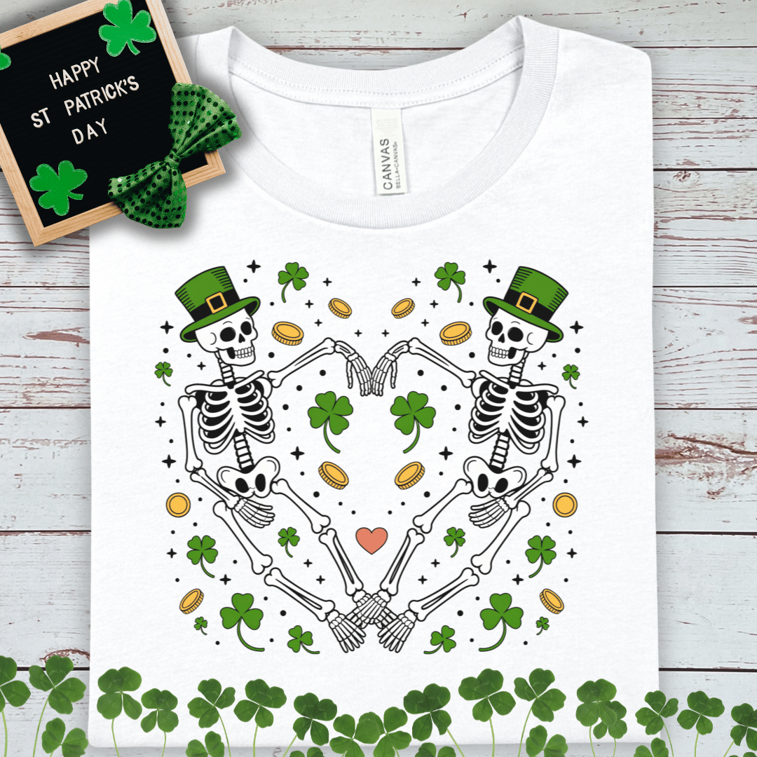St. Patrick’s Day Skeleton Heart Tee — Lucky Shamrock & Gold Coin Shirt