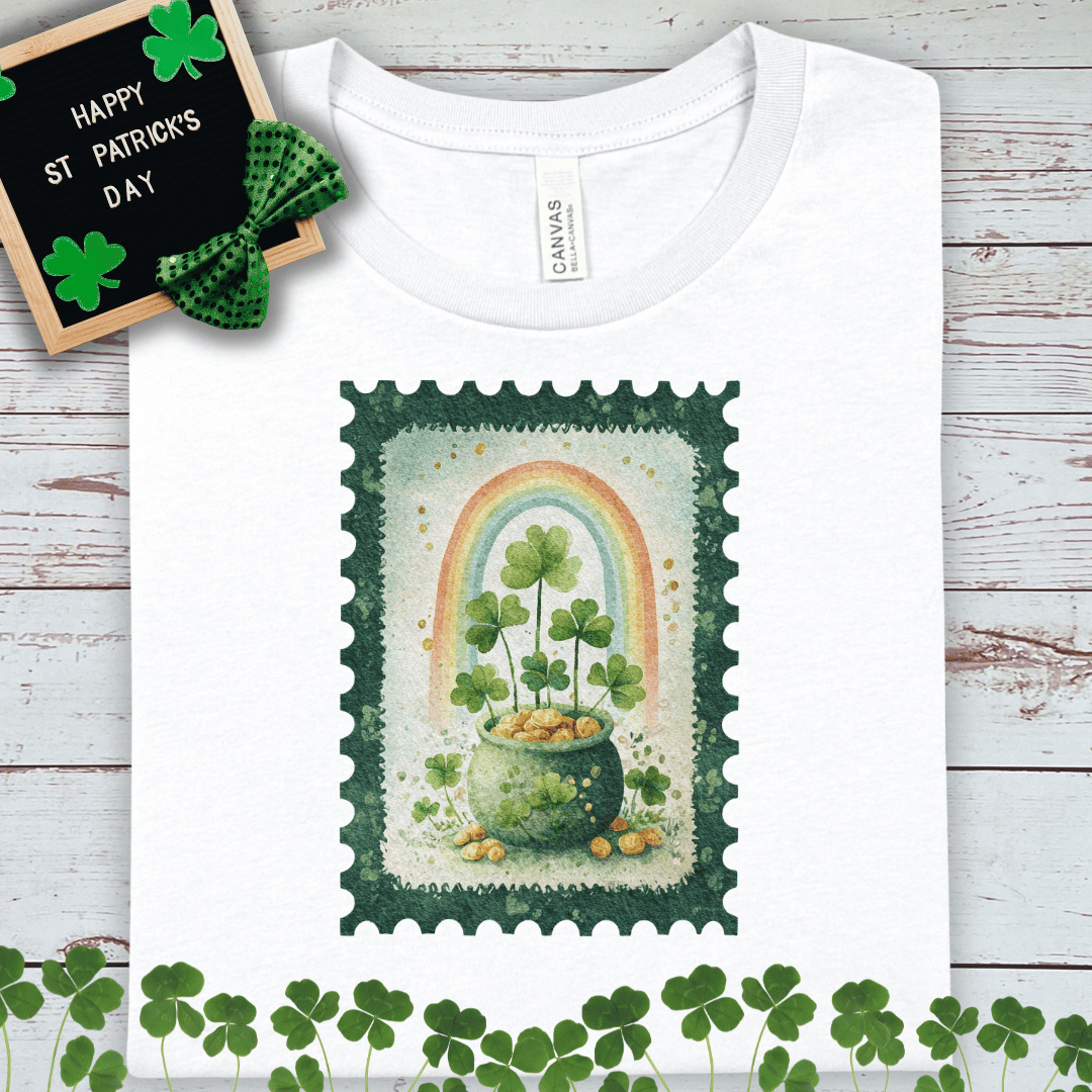 St. Patrick's Pot of Gold T-Shirt — Rainbow & Shamrock Stamp Design