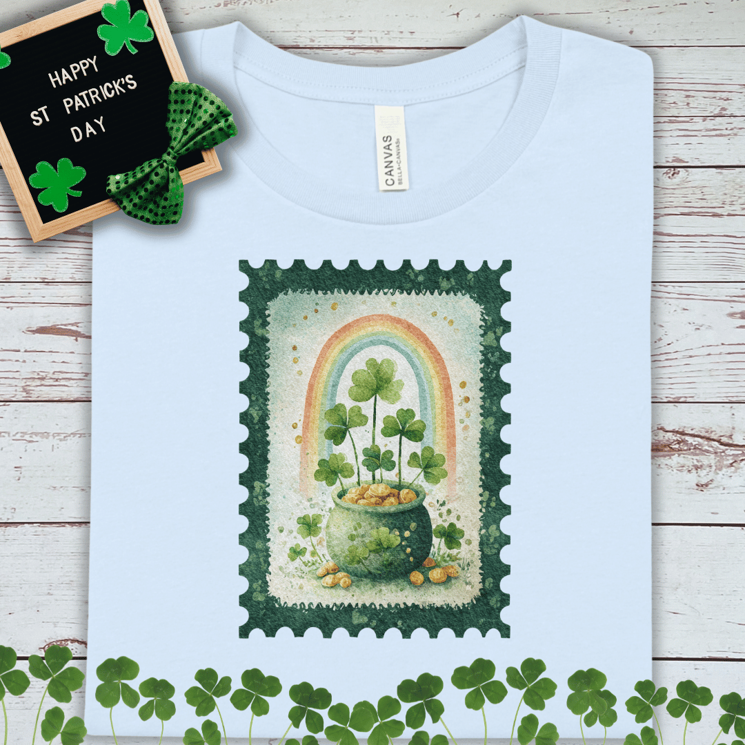 St. Patrick's Pot of Gold T-Shirt — Rainbow & Shamrock Stamp Design