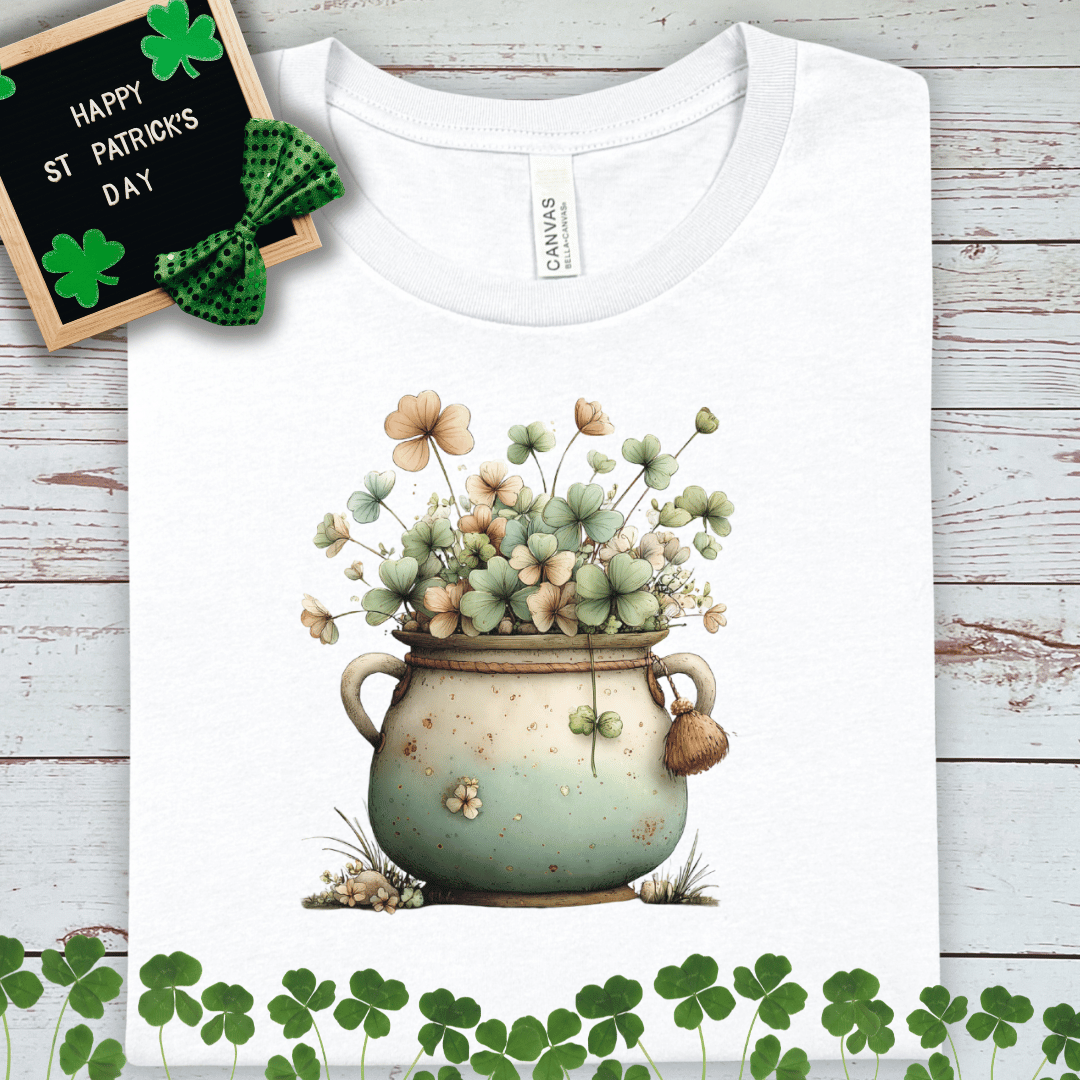 Cottage Pot of Clover T‑Shirt – Rustic Floral St. Patrick’s Day Tee