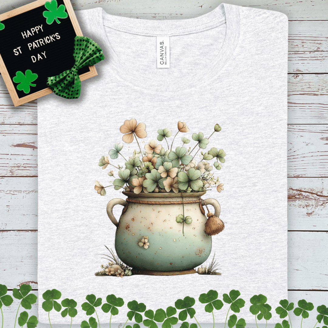 Cottage Pot of Clover T‑Shirt – Rustic Floral St. Patrick’s Day Tee