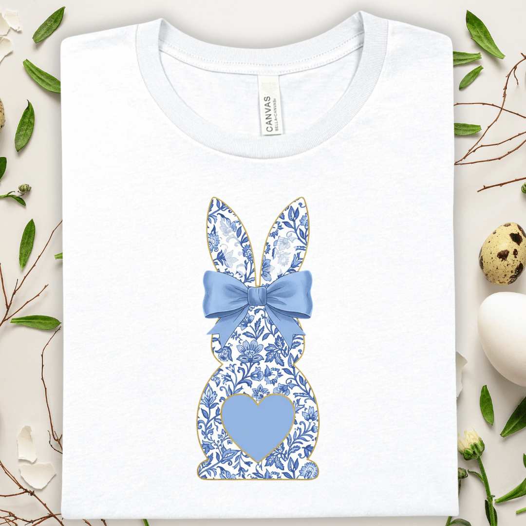 Blue Floral Bunny T-Shirt — Easter Bunny Tee with Bow