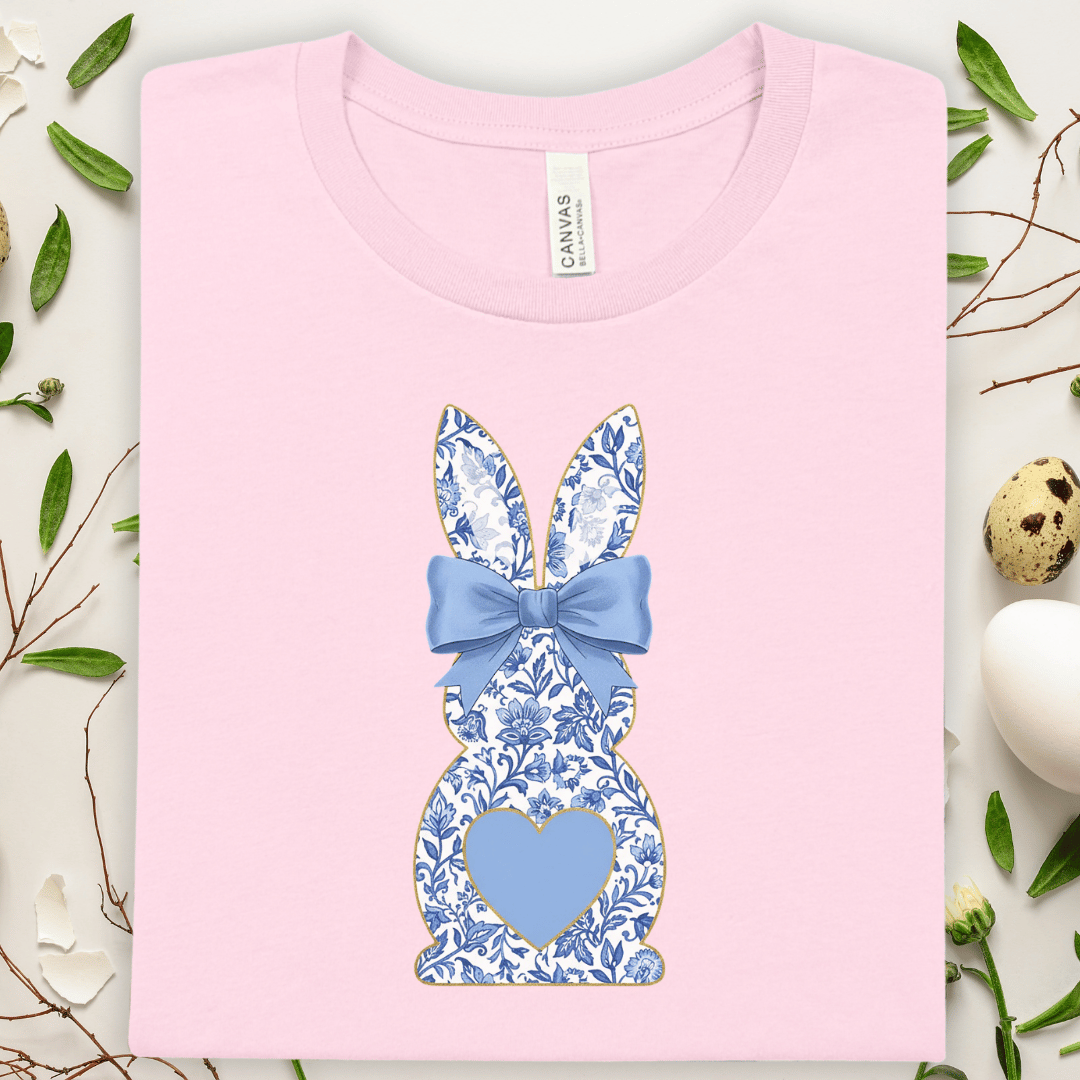 Blue Floral Bunny T-Shirt — Easter Bunny Tee with Bow