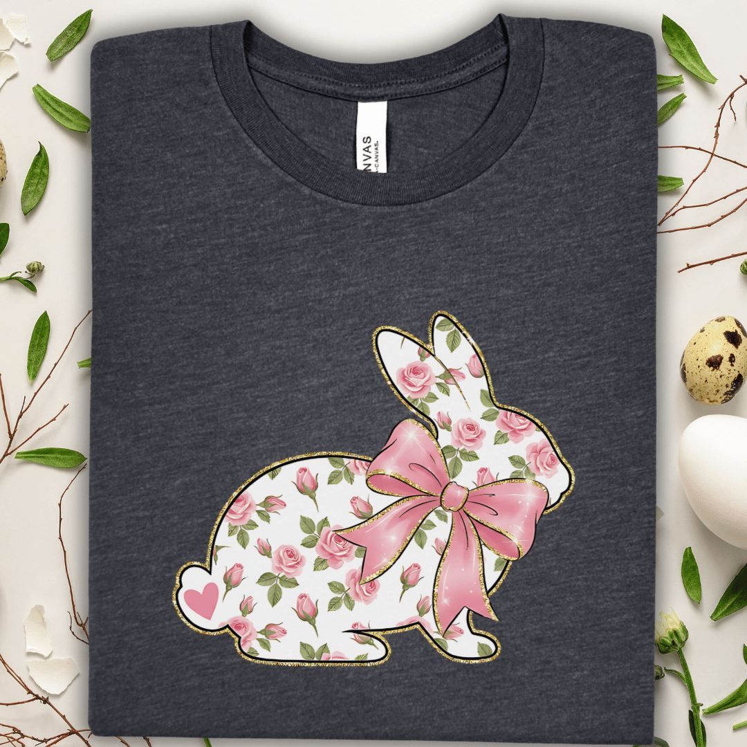 Floral Bunny Tee — Pink Rose Rabbit with Bow T-Shirt