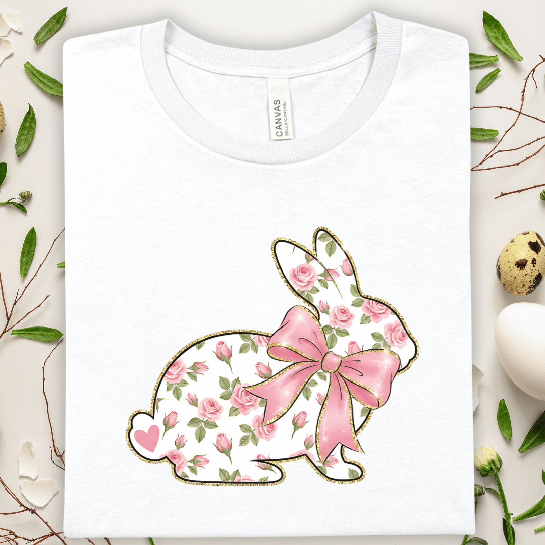 Floral Bunny Tee — Pink Rose Rabbit with Bow T-Shirt