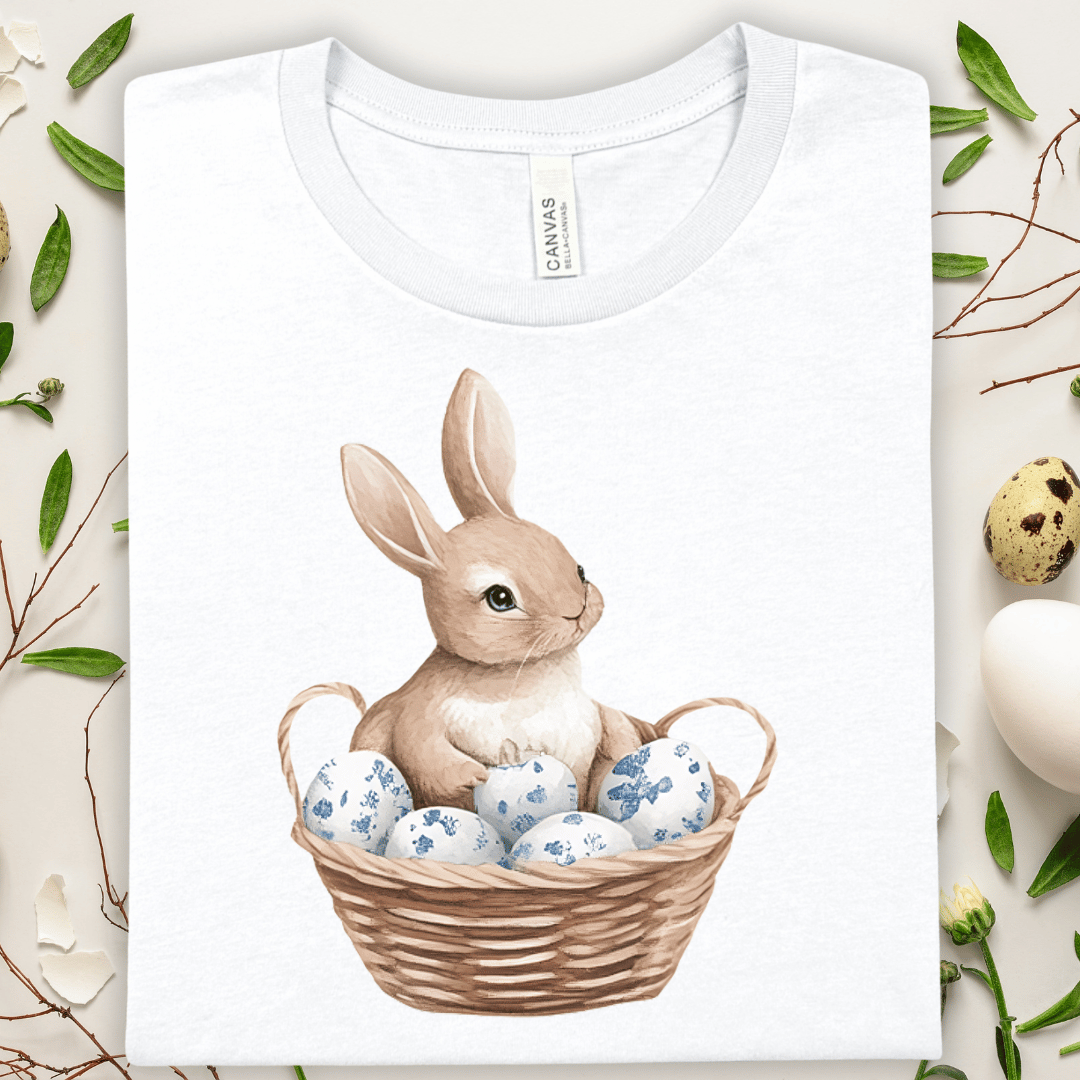 Easter Bunny Basket T-Shirt — Cute Rabbit with Speckled Eggs Tee