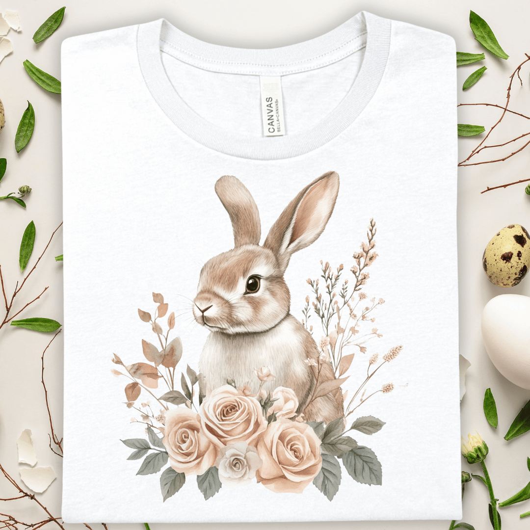 Cute Floral Easter Bunny T-Shirt — Watercolor Rabbit with Roses Tee