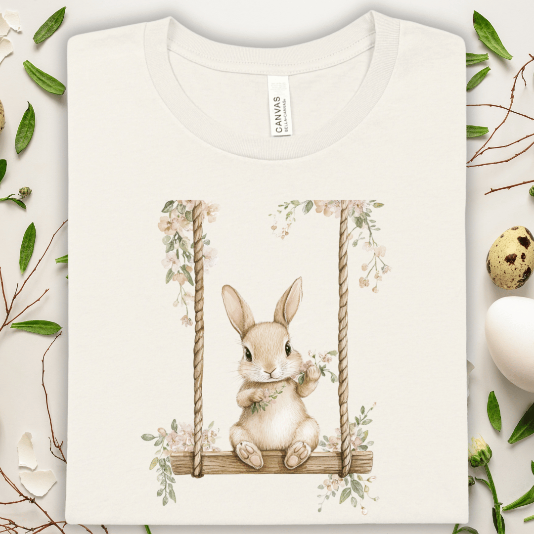 Bunny on a Swing T‑Shirt — Cute Floral Easter Bunny Tee