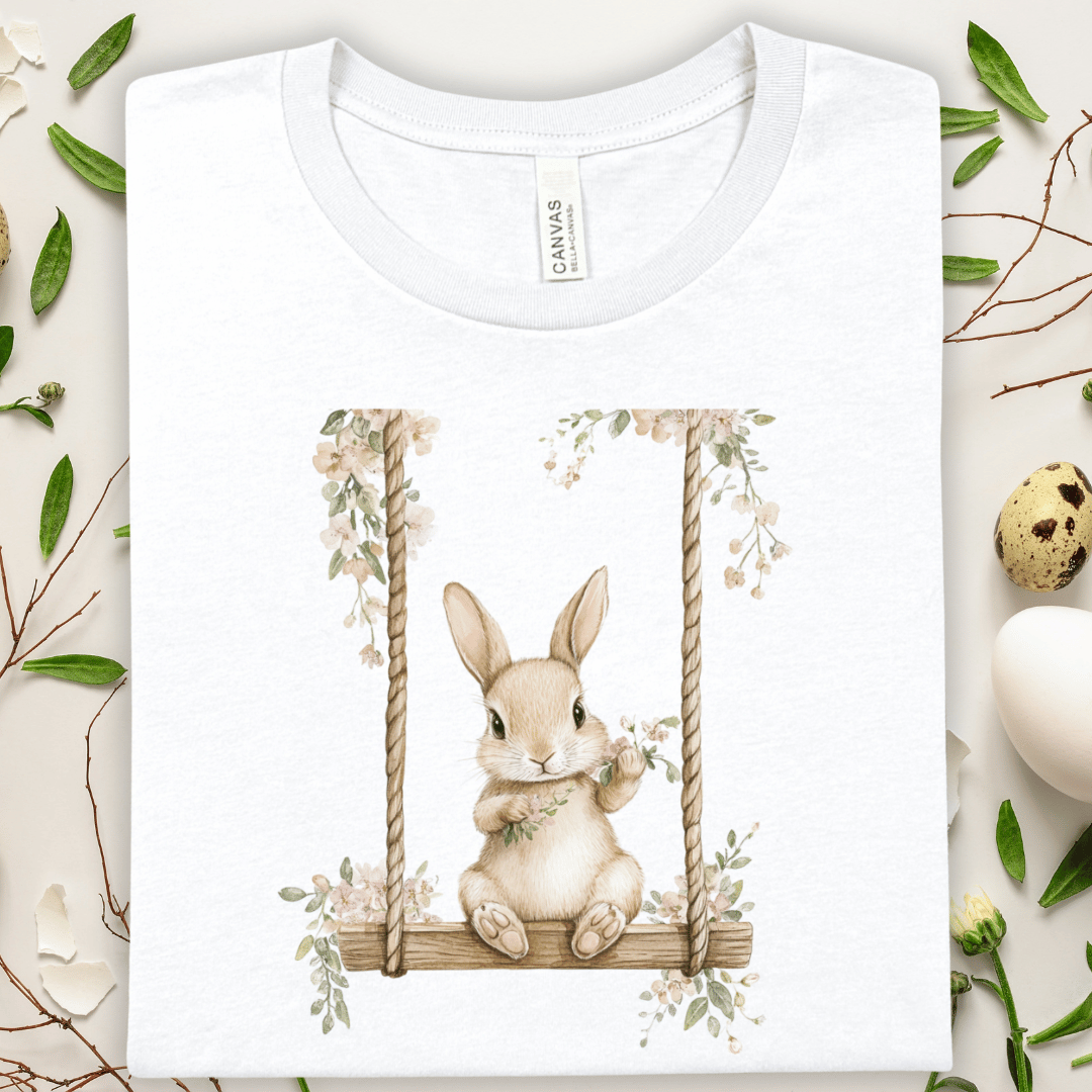 Bunny on a Swing T‑Shirt — Cute Floral Easter Bunny Tee