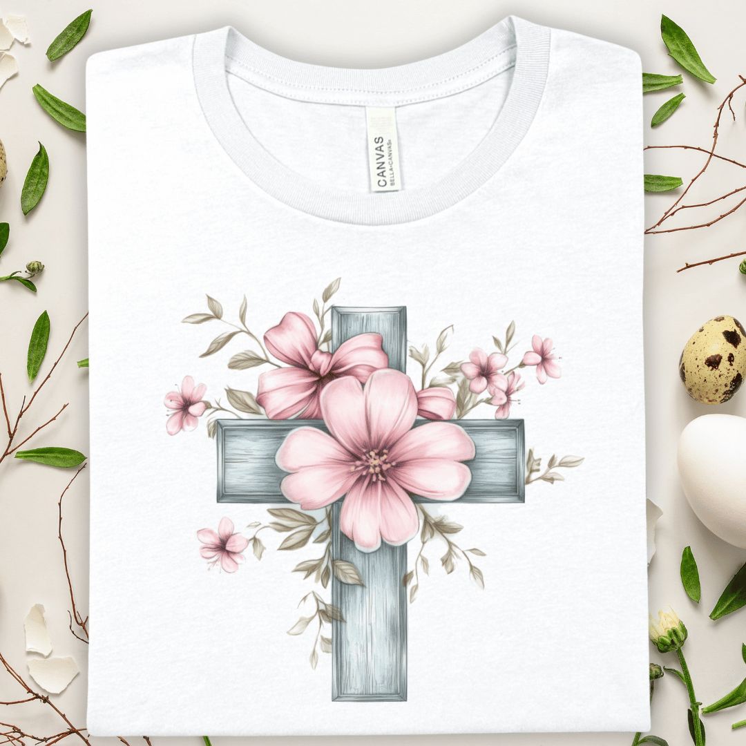 Floral Easter Cross T-Shirt — Pink Blossom Tee