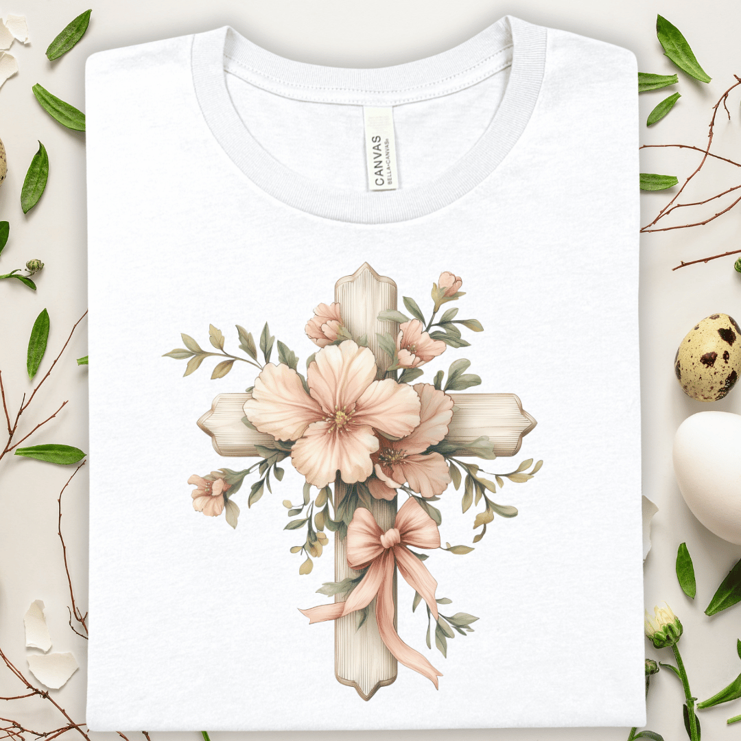 Floral Easter Cross T‑Shirt — Vintage Peach Blossom Cross Tee