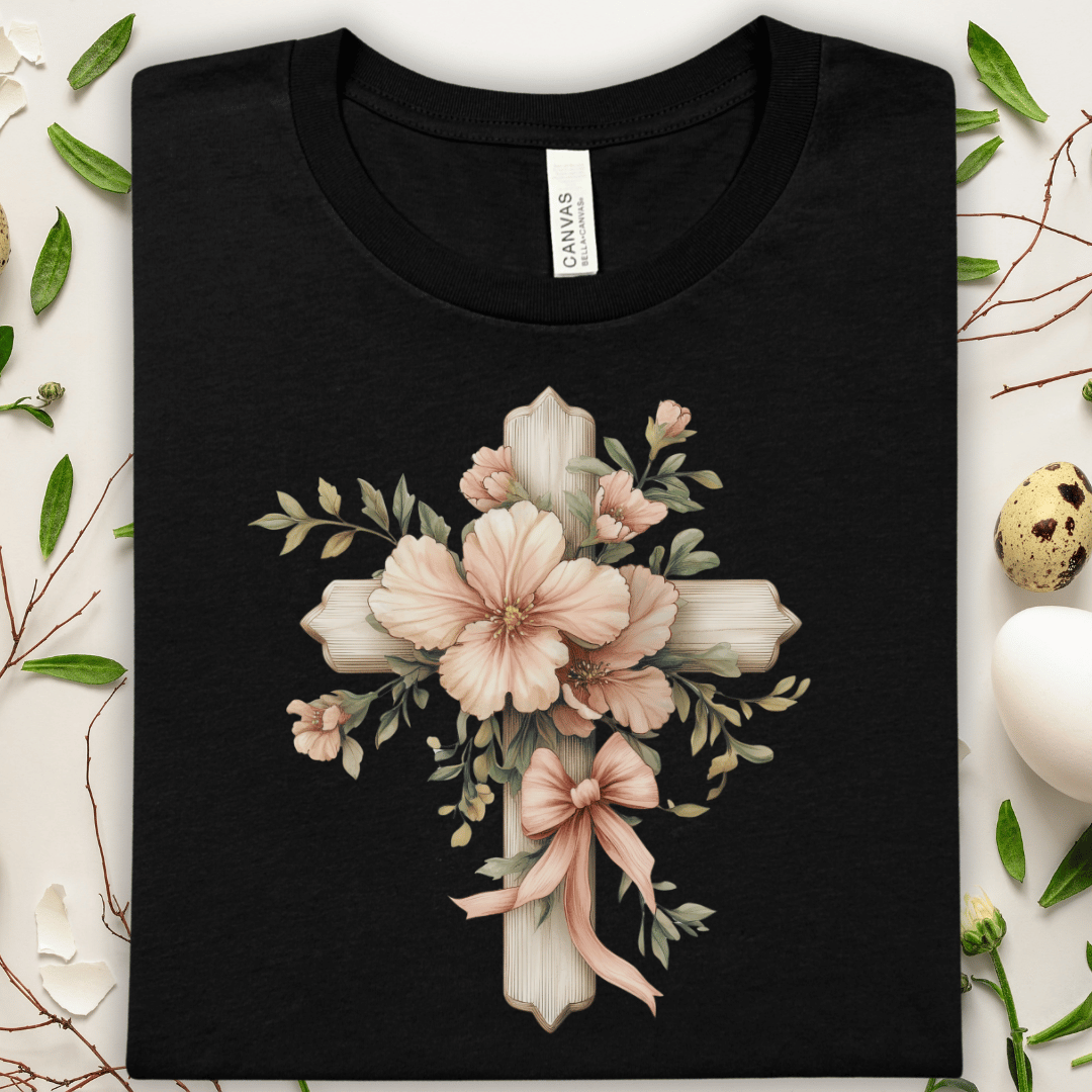 Floral Easter Cross T‑Shirt — Vintage Peach Blossom Cross Tee