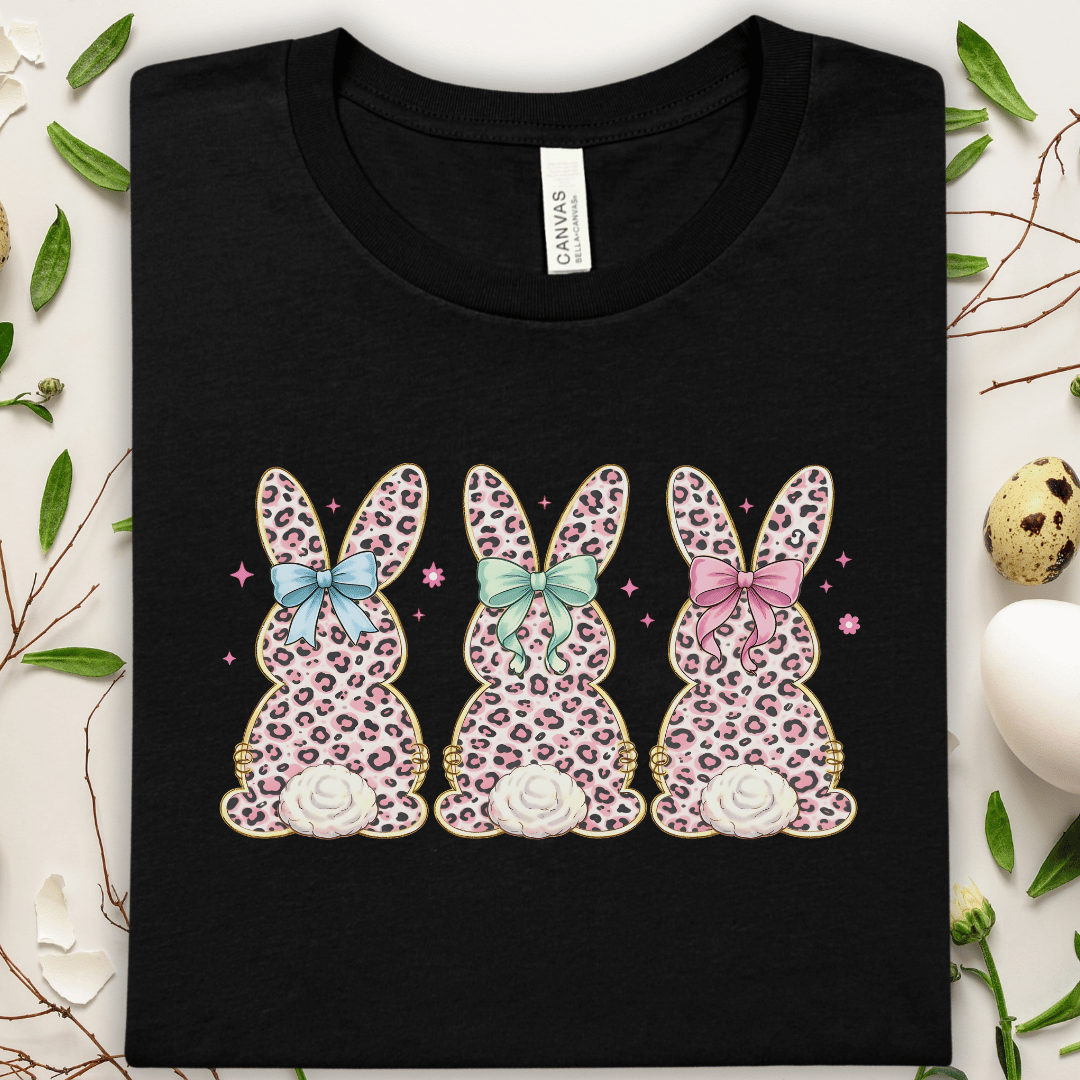 Leopard Print Bunny Trio T-Shirt — Pastel Bow Easter Tee
