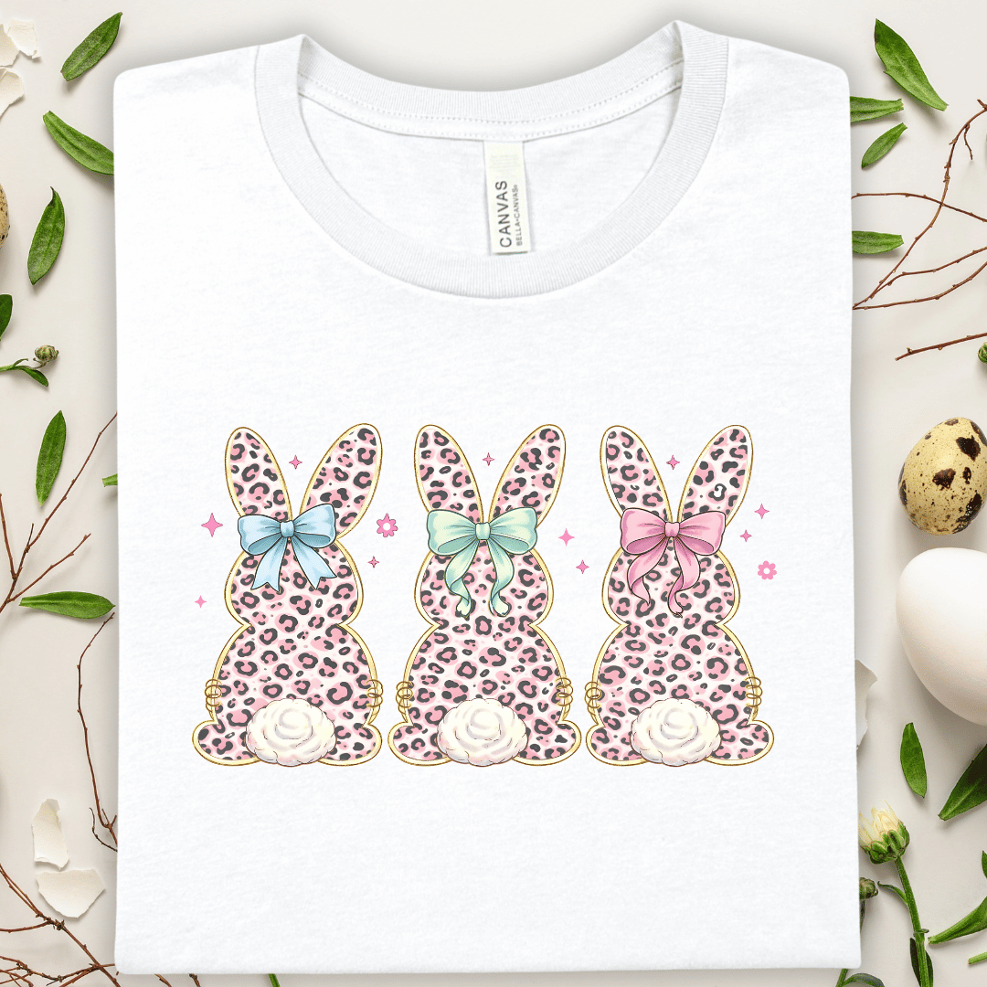 Leopard Print Bunny Trio T-Shirt — Pastel Bow Easter Tee