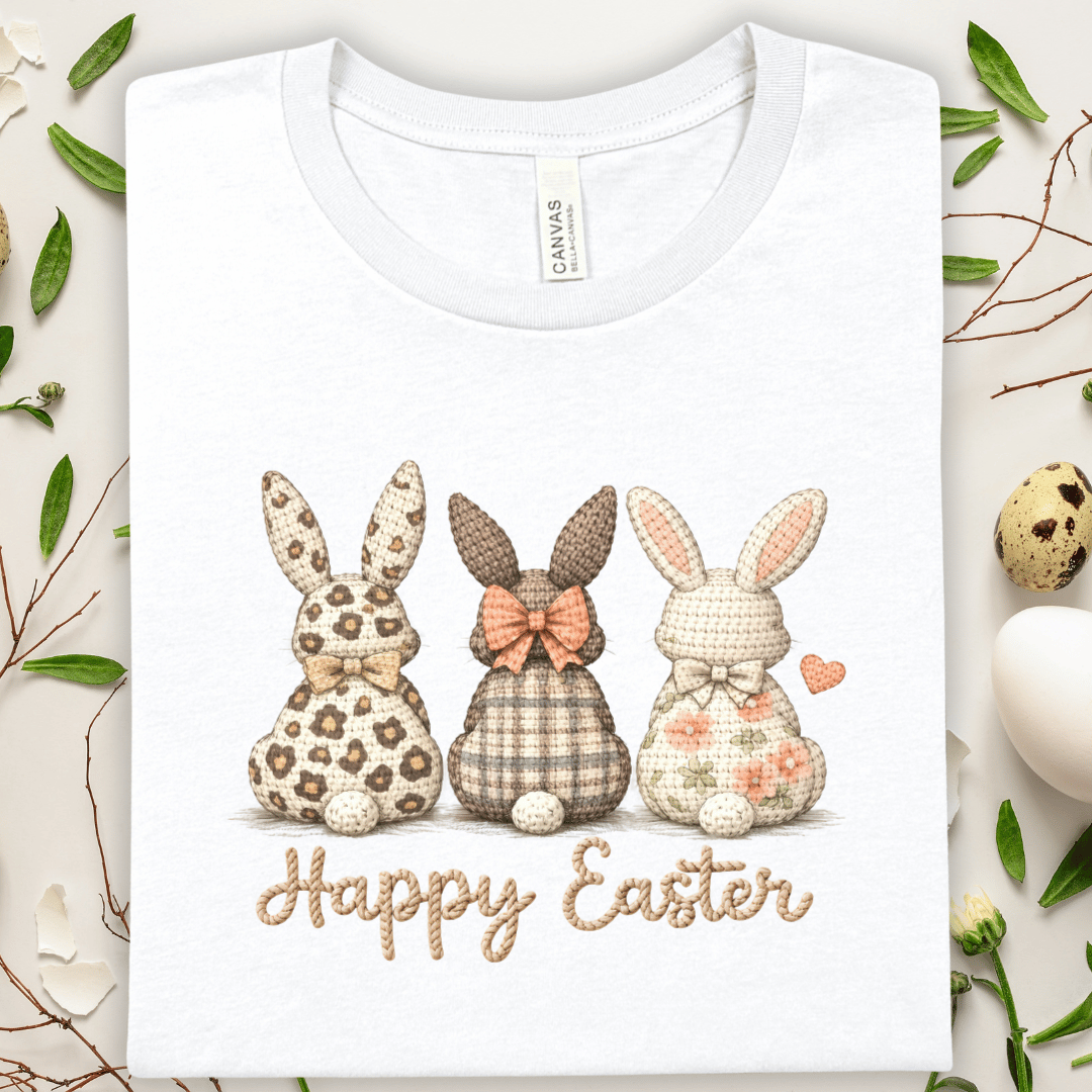 Happy Easter Bunny Tee — Plaid & Floral Faux Patchwork Rabbit Easter T-Shirt