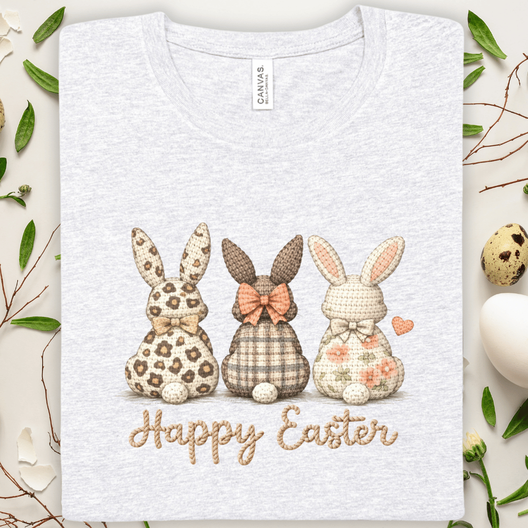 Happy Easter Bunny Tee — Plaid & Floral Faux Patchwork Rabbit Easter T-Shirt