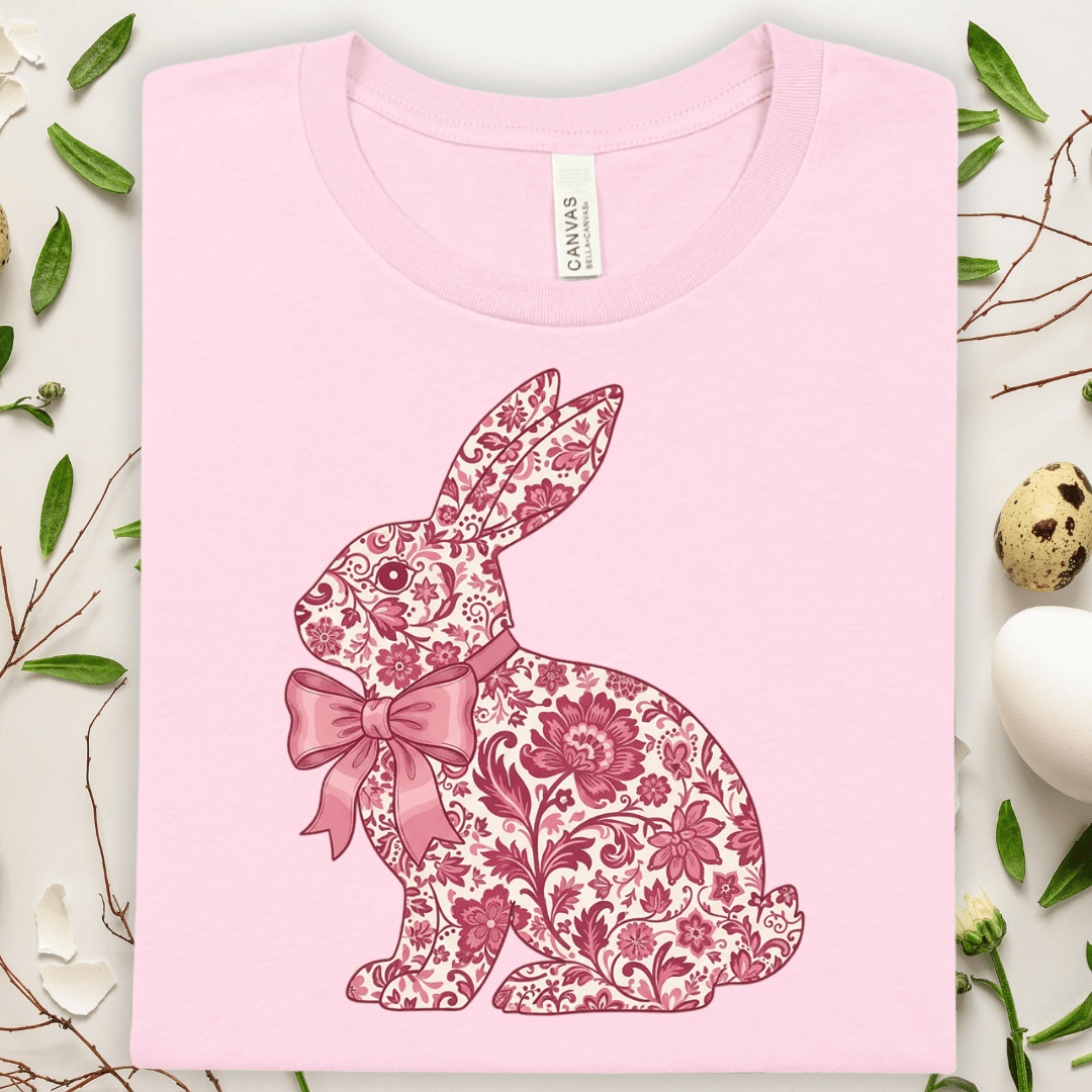 Floral Easter Bunny Tee — Pink Lace Rabbit with Bow T-Shirt