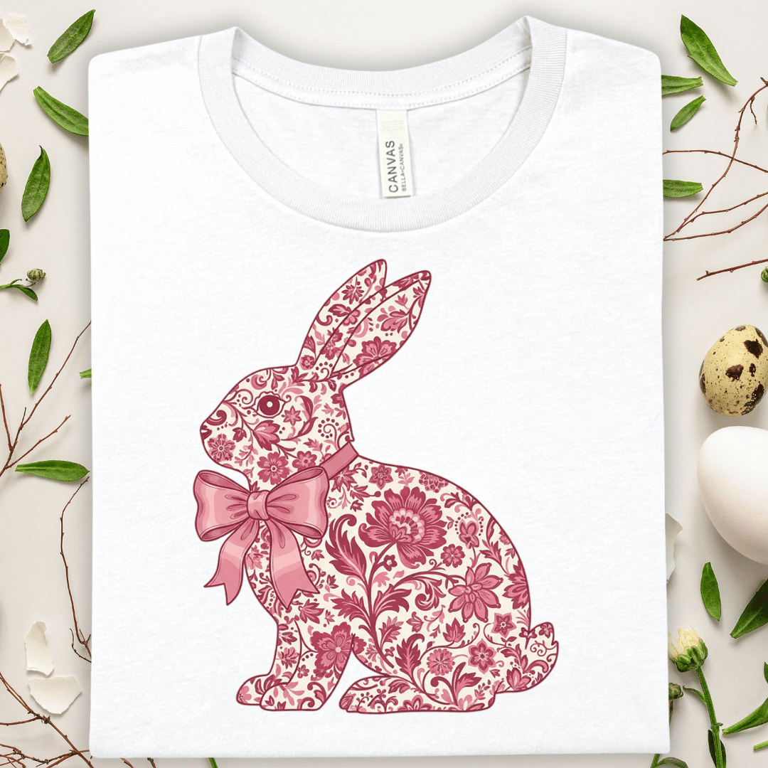 Floral Easter Bunny Tee — Pink Lace Rabbit with Bow T-Shirt