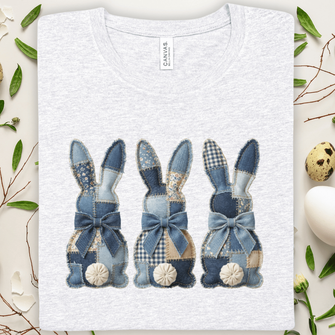 Blue Faux Patchwork Bunny Trio T-Shirt — Easter Graphic Tee