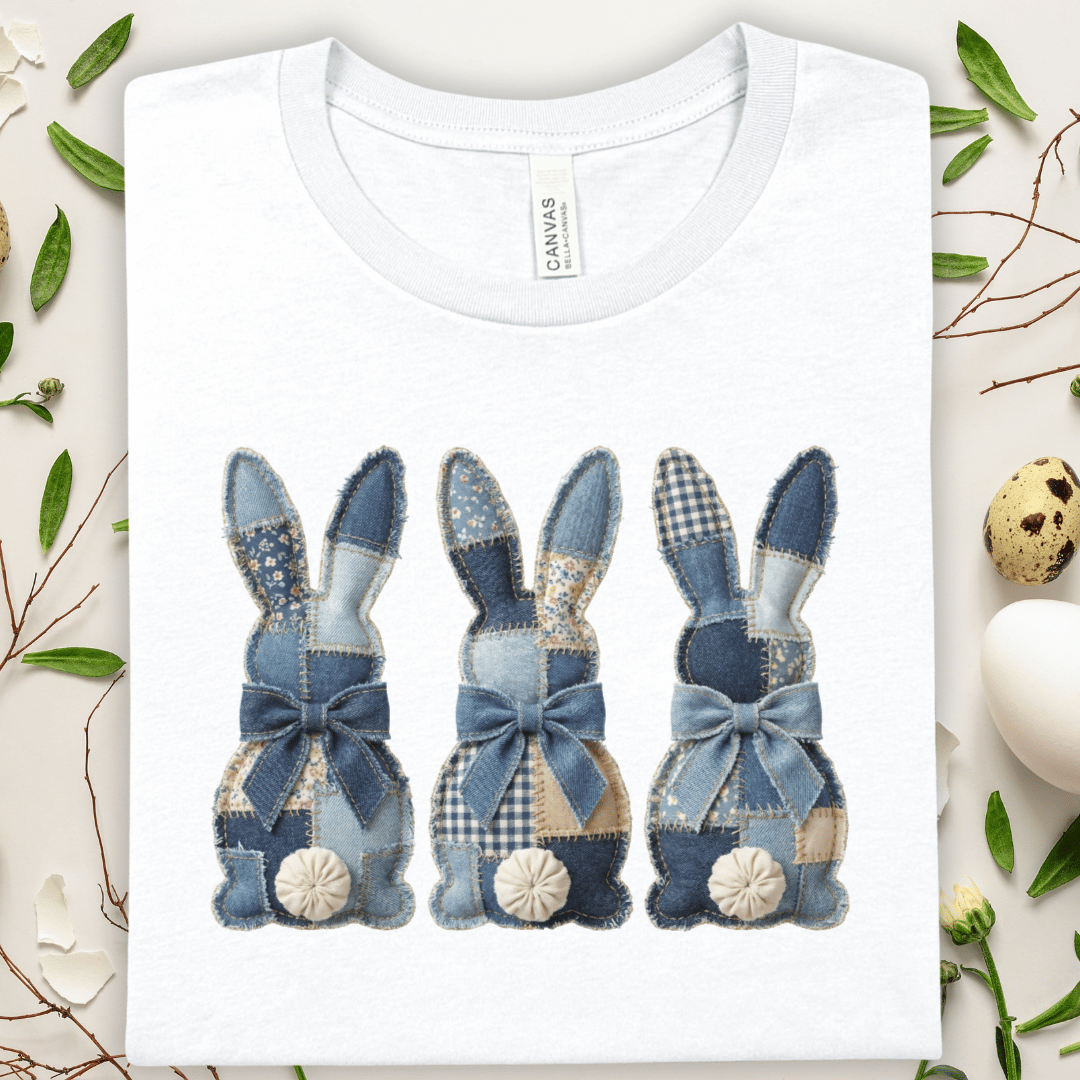 Blue Faux Patchwork Bunny Trio T-Shirt — Easter Graphic Tee