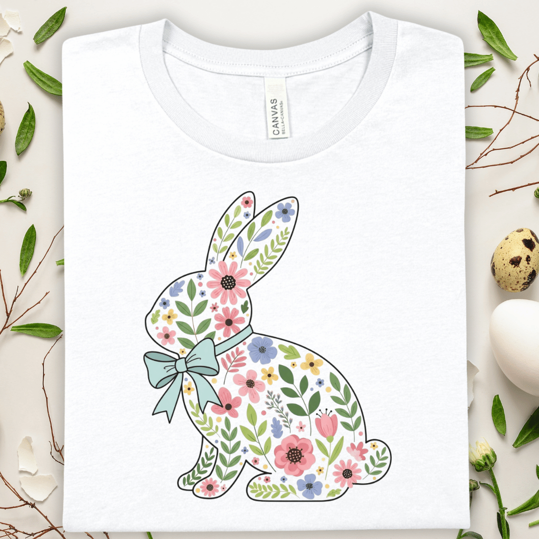 Floral Bunny T-Shirt - Pastel Easter Rabbit with Bow Tee