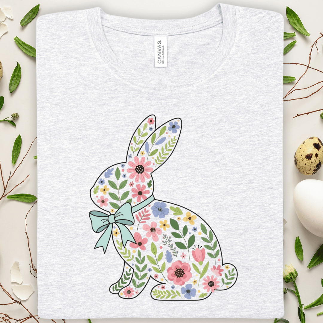 Floral Bunny T-Shirt - Pastel Easter Rabbit with Bow Tee